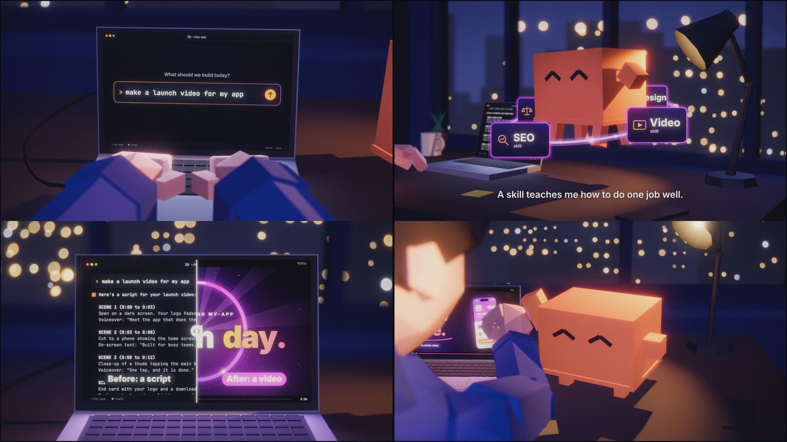 Four frames from an animated short made with Animated Video Studio: a prompt typed on a laptop, a mascot ringed by skill cards, a before and after of a script and a video, and a fist bump.